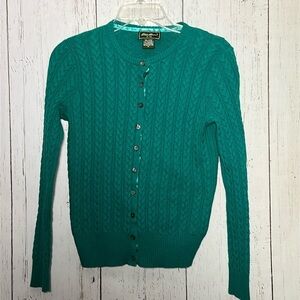 Eddie Bauer Green Cableknit Cotton Nylon Button Up Babydoll Cardigan Size Medium